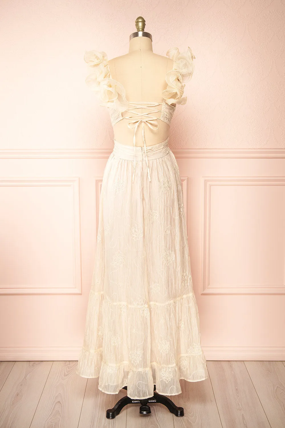 Isandra | Long Embroidered Beige Dress w/ Ruffled Straps sold by Boutique 1861 product image thumbnail 4