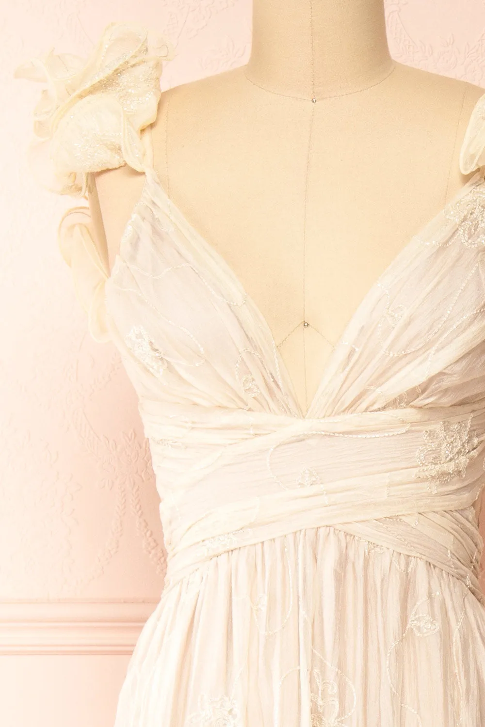 Isandra | Long Embroidered Beige Dress w/ Ruffled Straps sold by Boutique 1861 product image thumbnail 5
