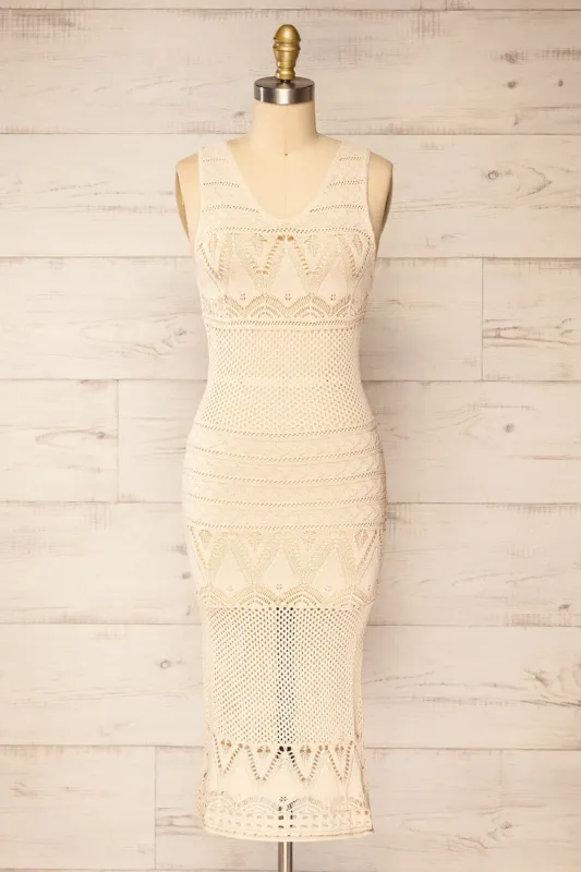 Ozma Beige | Crochet Midi Dress sold by Boutique 1861