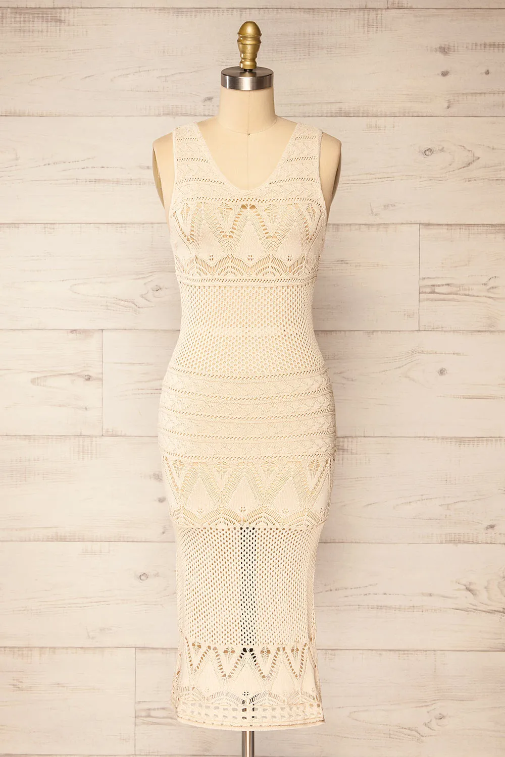 Ozma Beige | Crochet Midi Dress sold by Boutique 1861