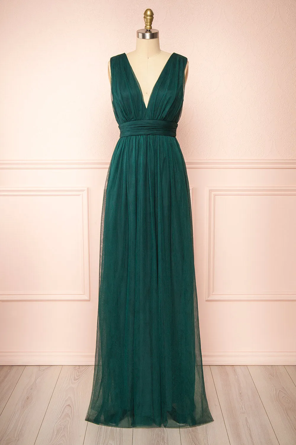 Samina Green | Tulle Maxi Dress with Plunging Neckline sold by Boutique 1861