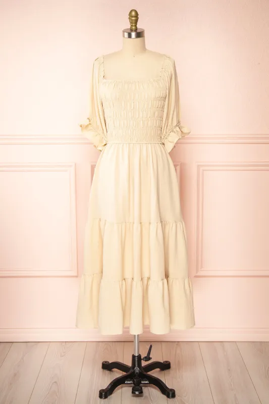 Pierra Beige | Tiered Midi Dress w/ Half-Sleeves sold by Boutique 1861