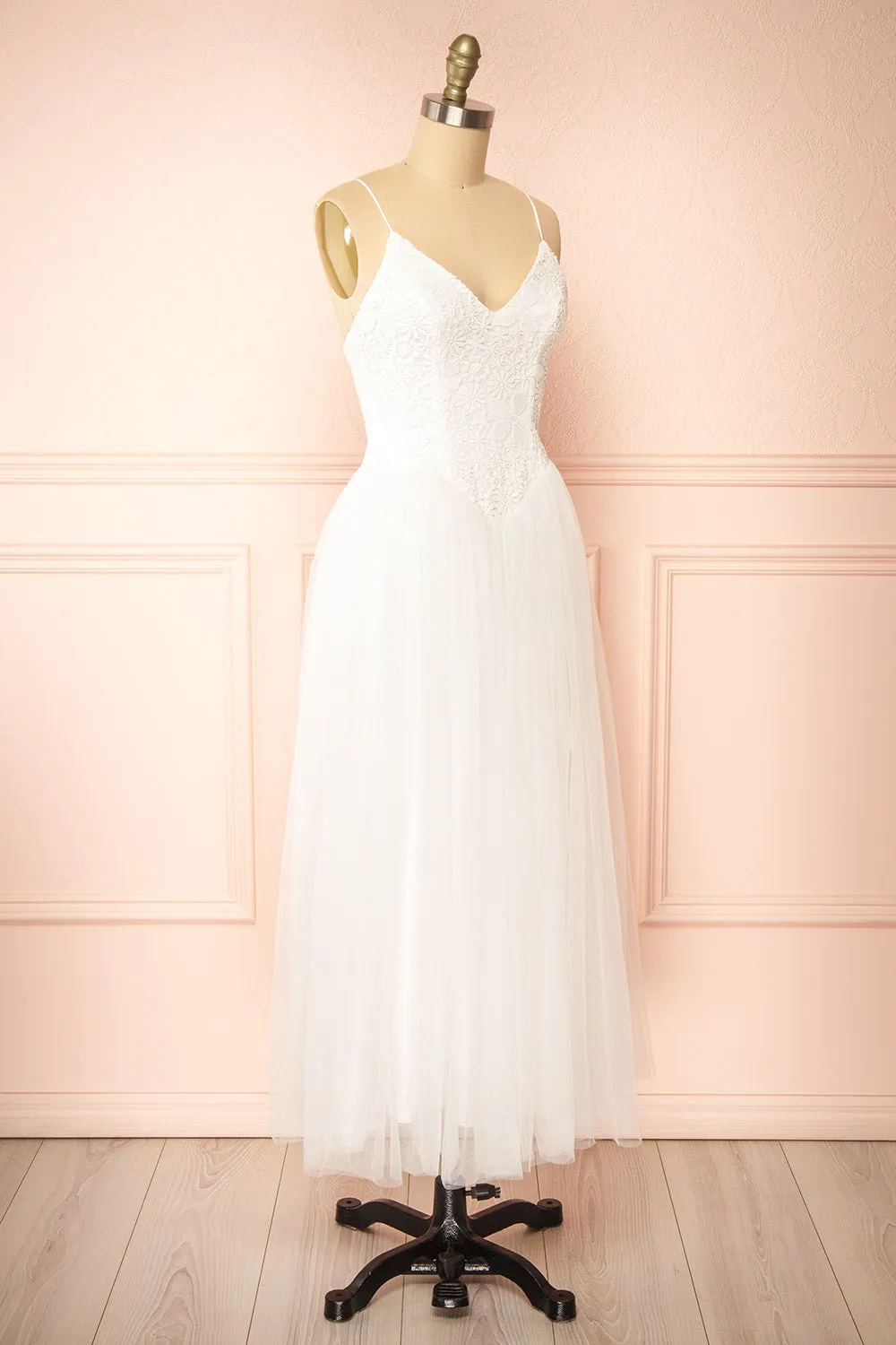Tallina | White Tulle Midi Dress w/ Floral Embroidery sold by Boutique 1861 product image thumbnail 3