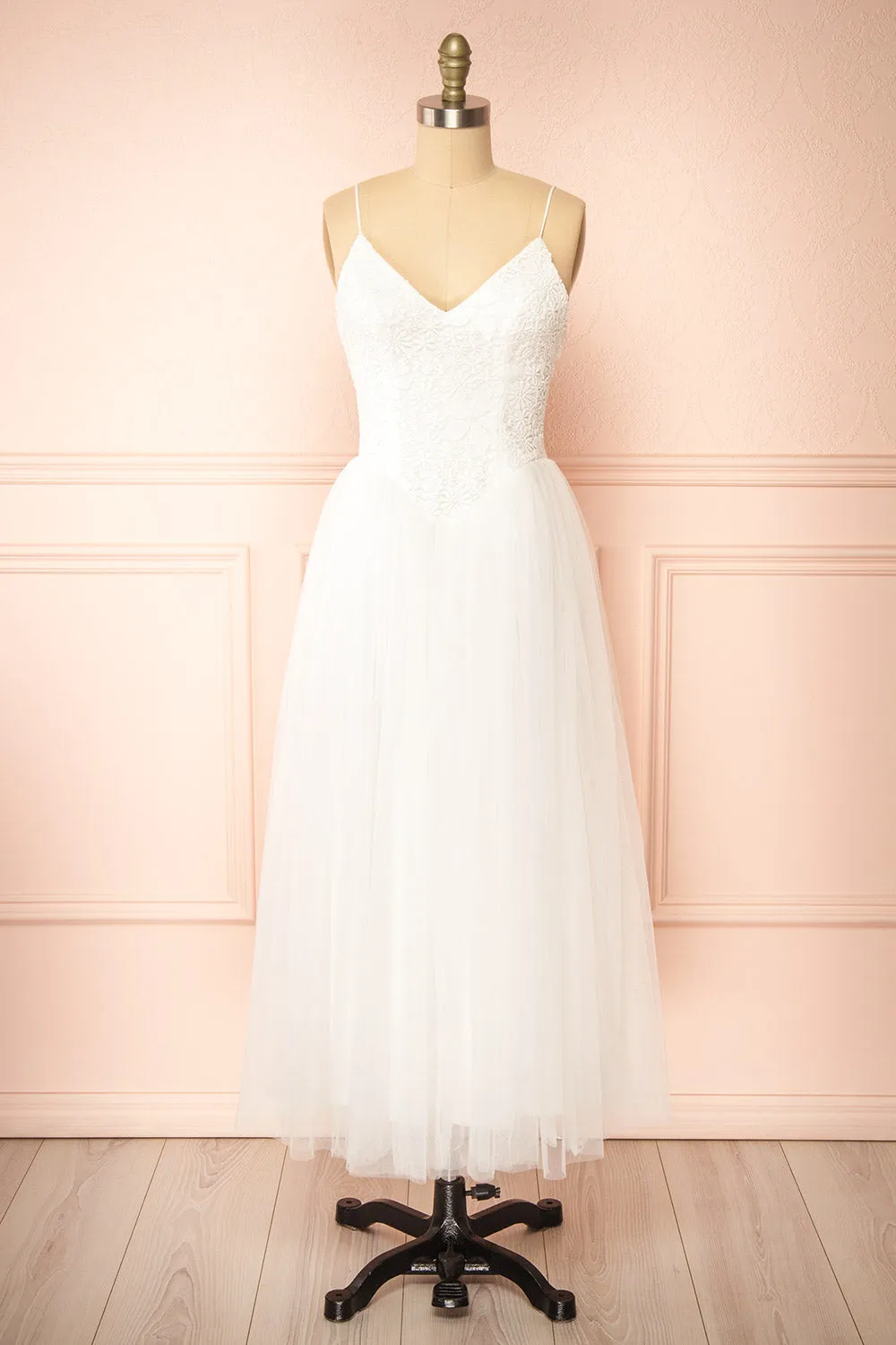 Tallina | White Tulle Midi Dress w/ Floral Embroidery sold by Boutique 1861