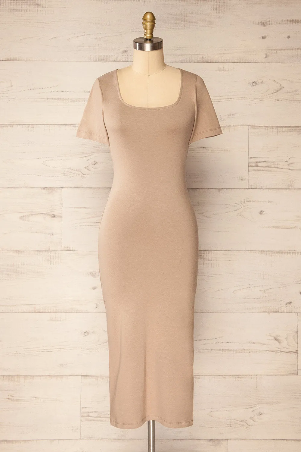 Bogota Taupe | Short Sleeve Midi Dress w/ Square Neckline sold by Boutique 1861
