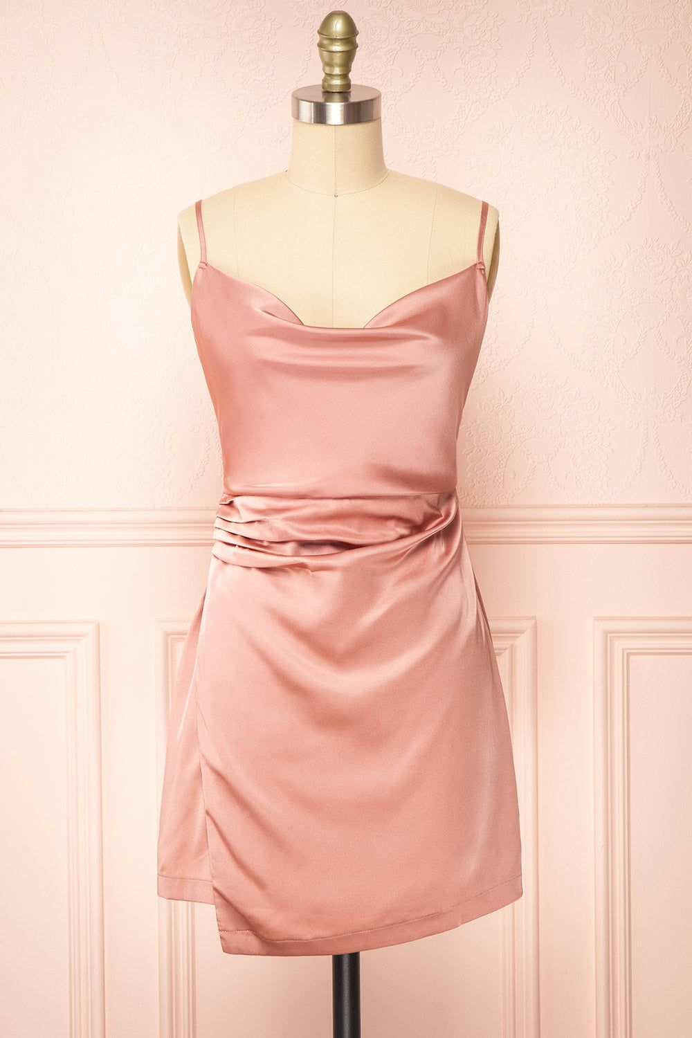 Enya Pink | Short Satin Dress w/ Cowl Neck sold by Boutique 1861