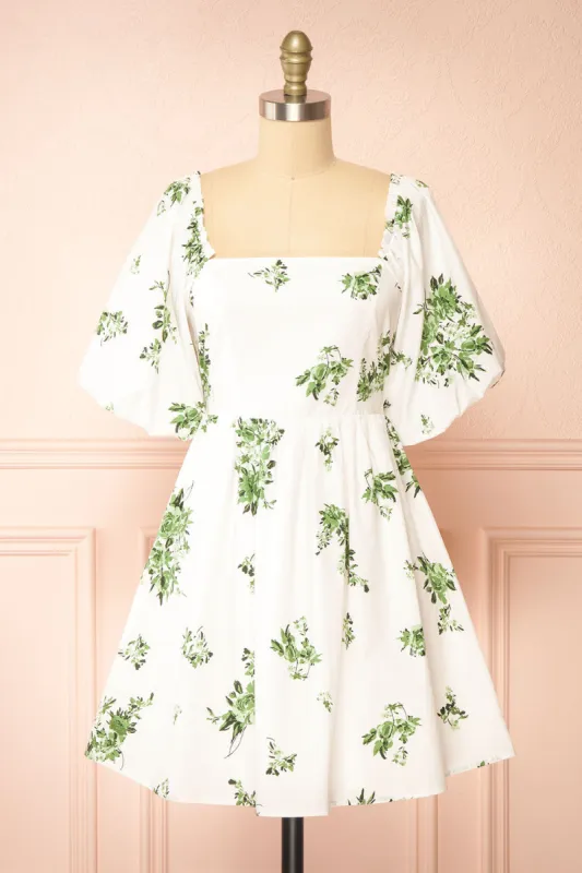Vertuosa | Short White Dress w/ Green Flowers sold by Boutique 1861