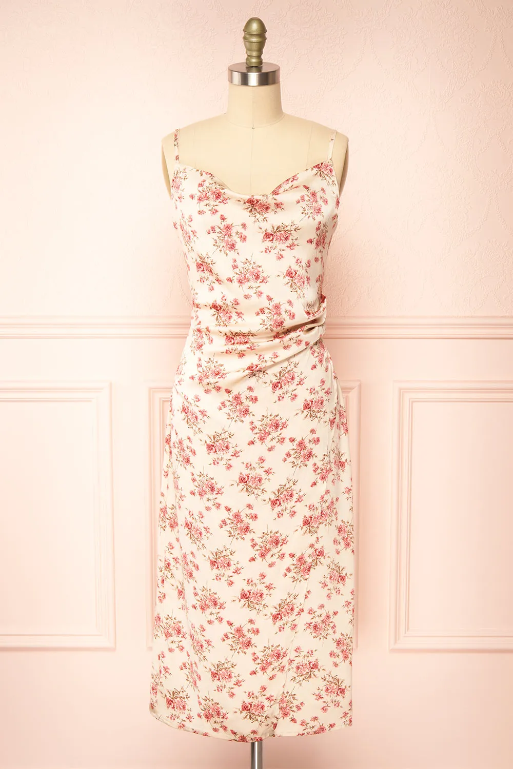 Calliope Ivory | Cowl Neck Floral Midi Dress sold by Boutique 1861