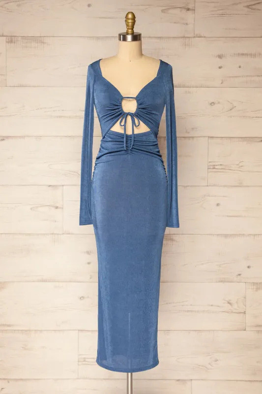 Havana | Blue Midi Dress w/ Front Cut-Out sold by Boutique 1861