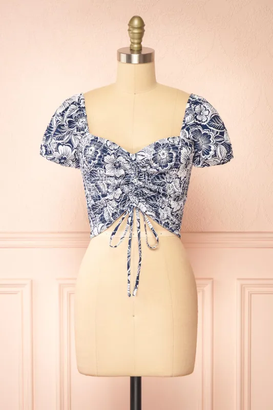Anthela | Ruched Navy Floral Top sold by Boutique 1861