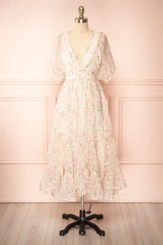 Elara | Floral Tiered Midi Dress w/ Short Sleeves sold by Boutique 1861