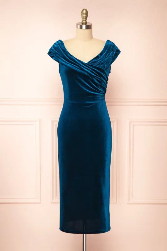 Hesperia | Teal Velvet Midi Dress sold by Boutique 1861