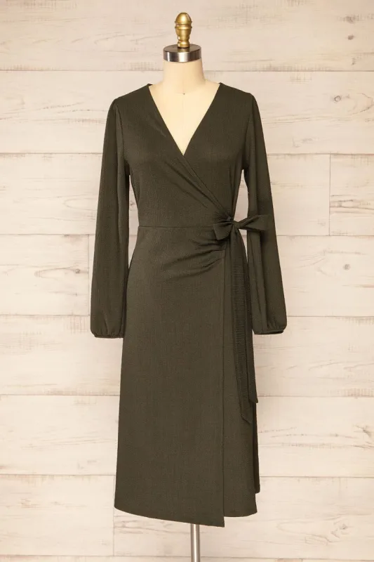 Belfort Green | Textured Wrap Midi Dress w/ Long Sleeves sold by Boutique 1861