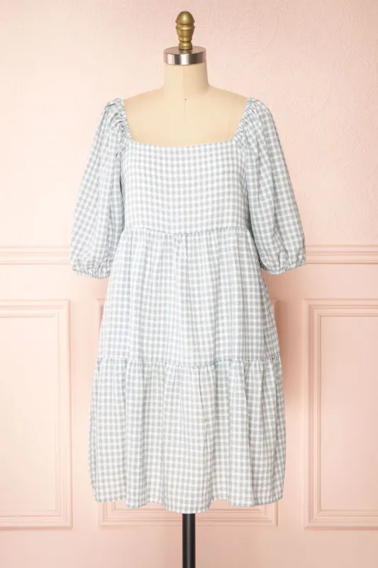 Malka | Tiered Gingham Short Dress w/ 3/4 Puff Sleeves sold by Boutique 1861