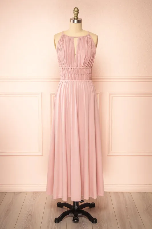 Dovie | Mauve Midi Dress w/ Pleated Bodice sold by Boutique 1861