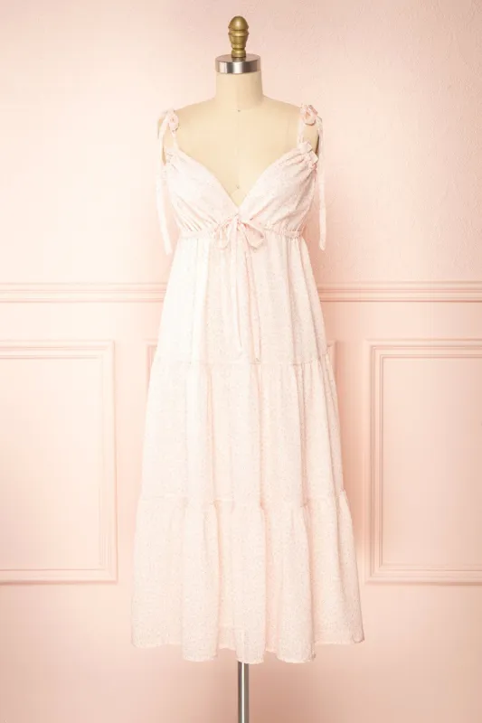 Demelza | Pink Tiered Midi Dress w/ Tied Straps sold by Boutique 1861