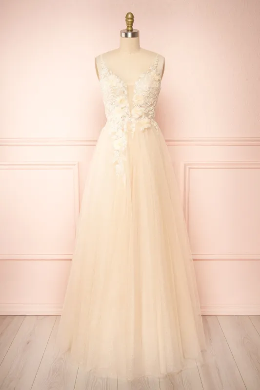 Clara Beige | Maxi Tulle Dress w/ Lace Bodice sold by Boutique 1861