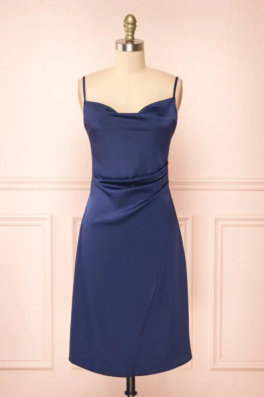Zaina Navy | Cowl Neck Satin Slip Dress sold by Boutique 1861