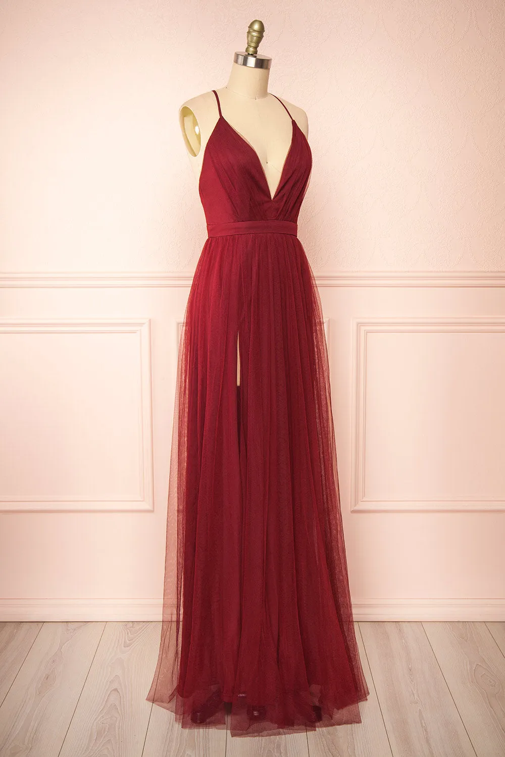 Ilaria Burgundy | Tulle Gown w/ Plunging Neckline sold by Boutique 1861 product image thumbnail 5