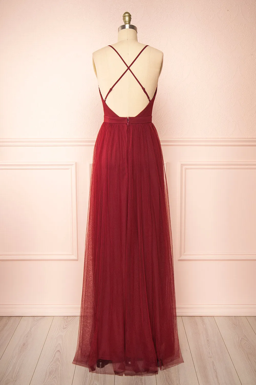 Ilaria Burgundy | Tulle Gown w/ Plunging Neckline sold by Boutique 1861 product image thumbnail 3