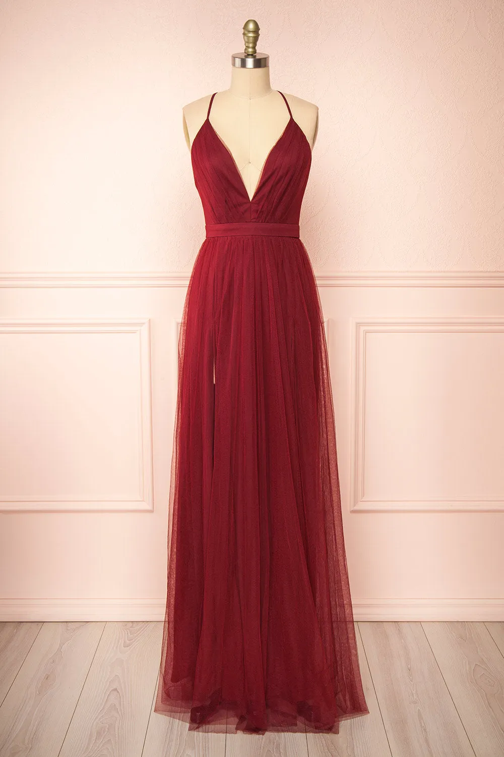 Ilaria Burgundy | Tulle Gown w/ Plunging Neckline sold by Boutique 1861