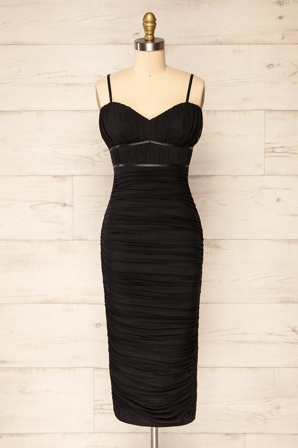 Rilievo | Black Ruched Fitted Midi Dress sold by Boutique 1861