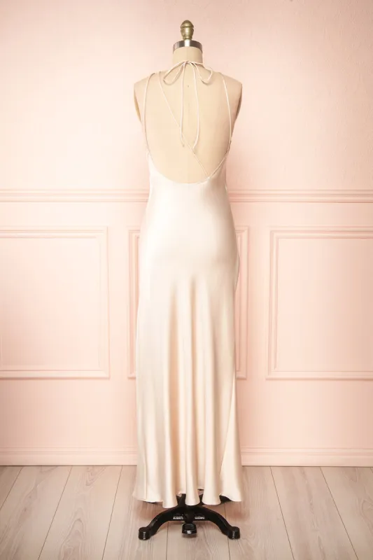 Nairobi Champagne | Satin Maxi Dress w/ Open Back sold by Boutique 1861
