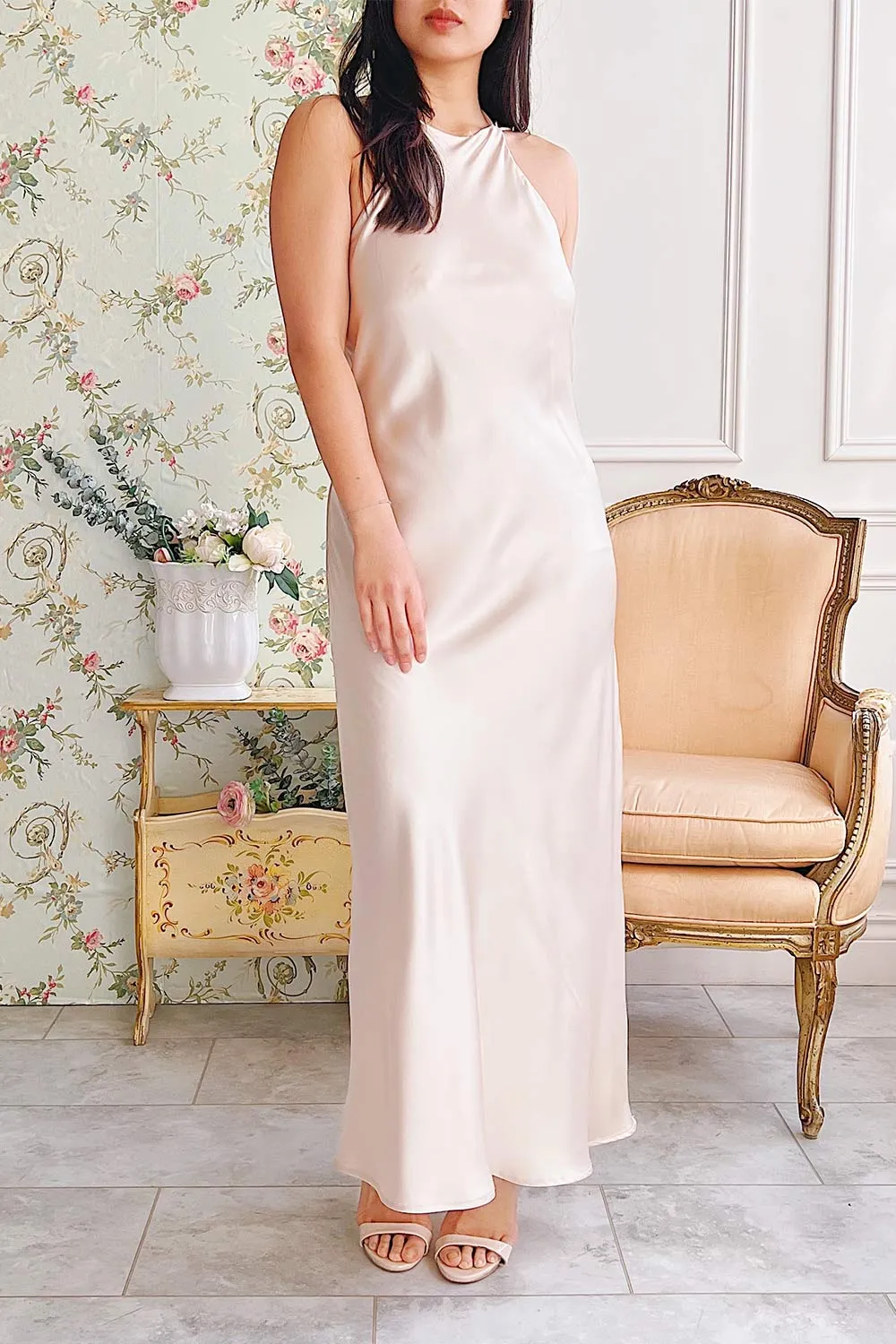 Nairobi Champagne | Satin Maxi Dress w/ Open Back sold by Boutique 1861 product image thumbnail 2