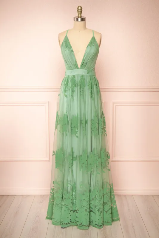 Kailania Sage | Plunging Neckline Mesh Maxi Gown sold by Boutique 1861