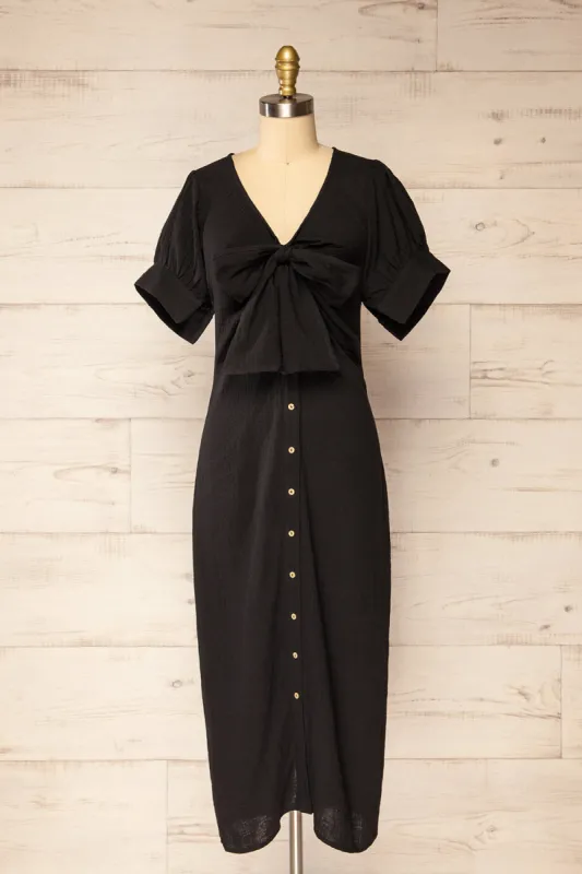 Maelle Black | Midi Shirt Dress w/ Tied Neckline sold by Boutique 1861