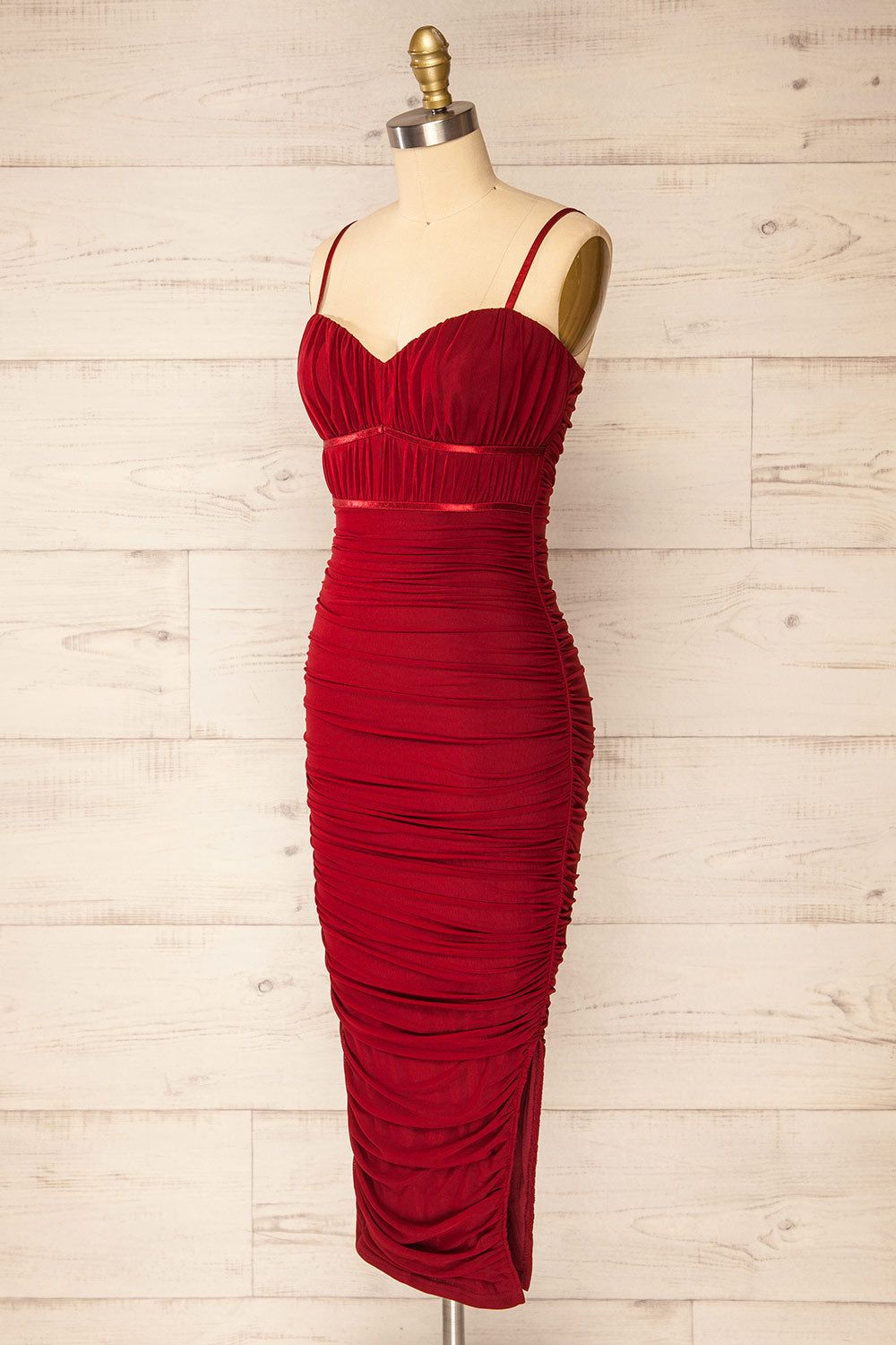 Rilievo Burgundy | Ruched Fitted Midi Dress sold by Boutique 1861 product image thumbnail 3