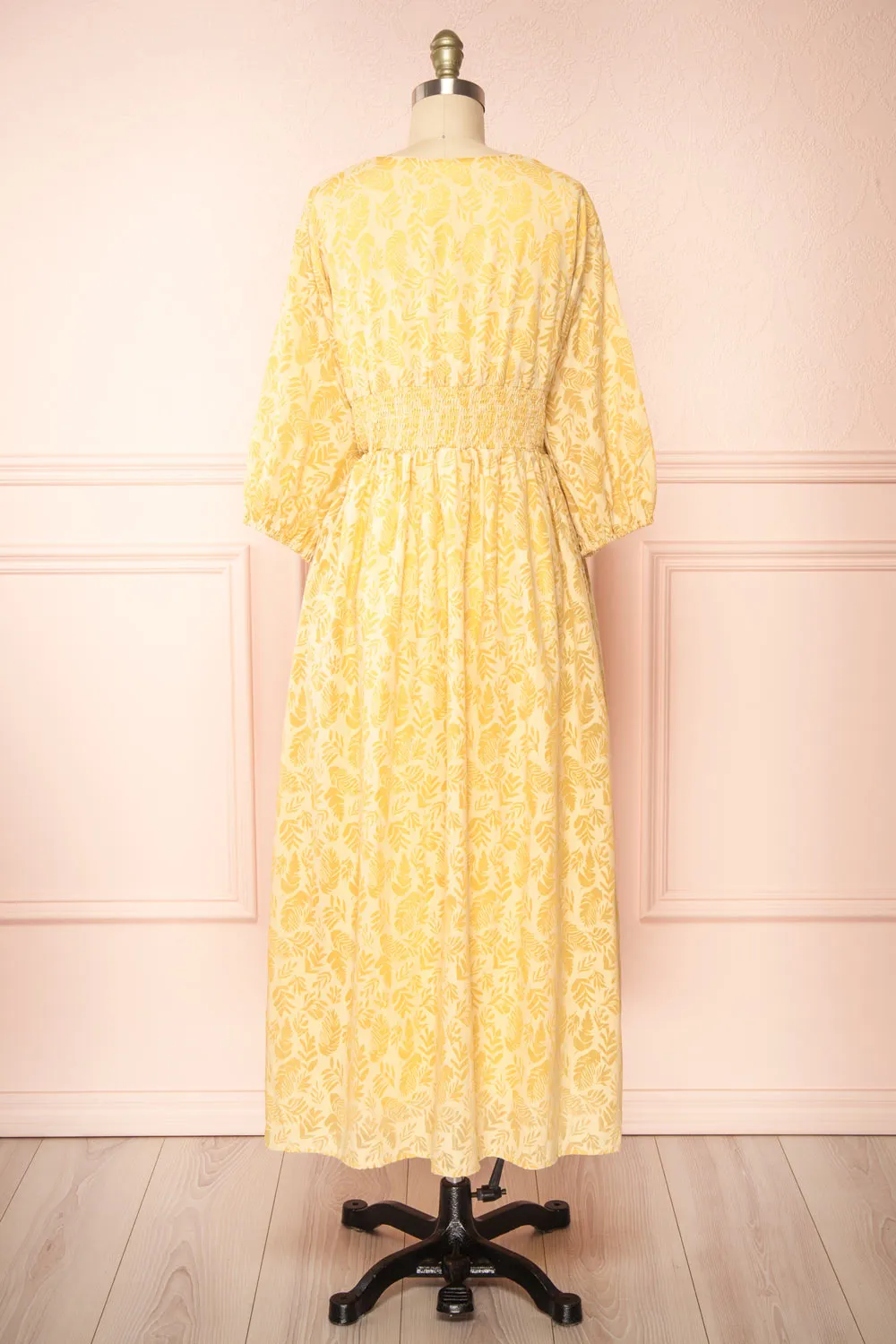 Archee | Leaf Pattern Yellow Midi Dress w/ 3/4 Sleeves sold by Boutique 1861 product image thumbnail 5