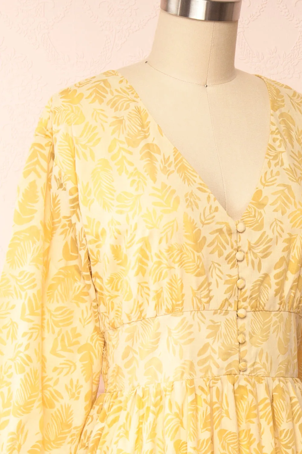 Archee | Leaf Pattern Yellow Midi Dress w/ 3/4 Sleeves sold by Boutique 1861 product image thumbnail 4