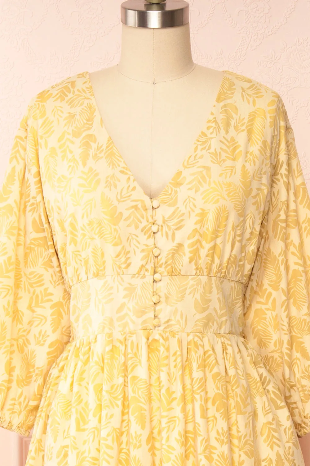 Archee | Leaf Pattern Yellow Midi Dress w/ 3/4 Sleeves sold by Boutique 1861 product image thumbnail 2