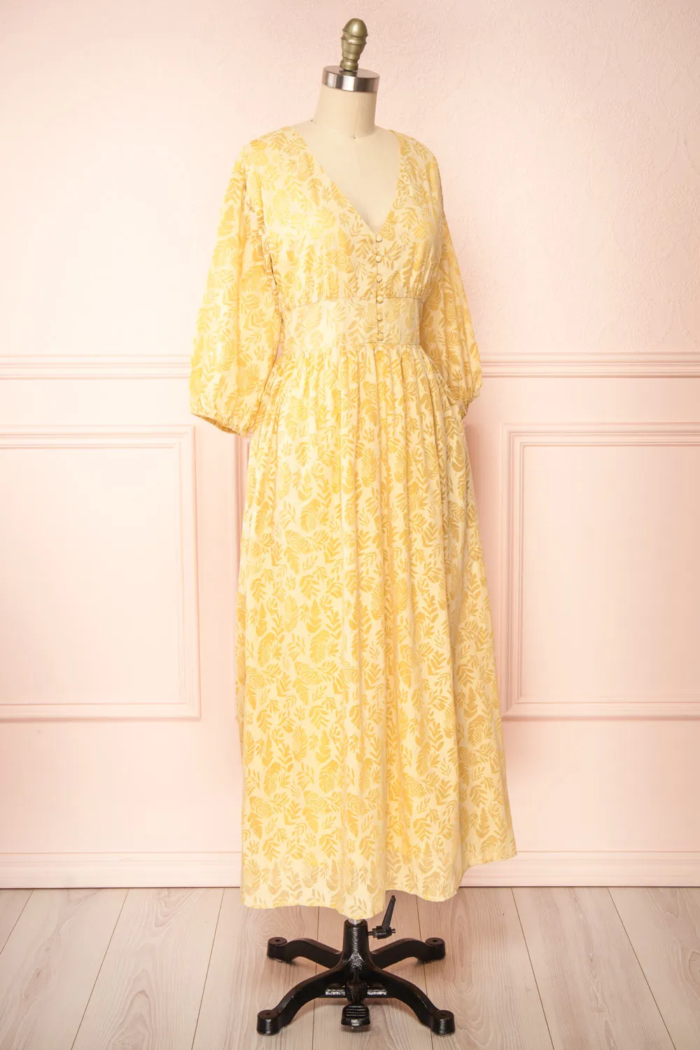 Archee | Leaf Pattern Yellow Midi Dress w/ 3/4 Sleeves sold by Boutique 1861 product image thumbnail 3