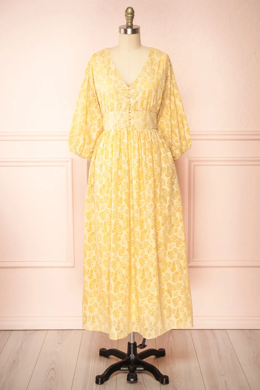 Archee | Leaf Pattern Yellow Midi Dress w/ 3/4 Sleeves sold by Boutique 1861