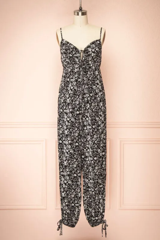Hecate | Black Jumpsuit w/ White Floral Motif sold by Boutique 1861