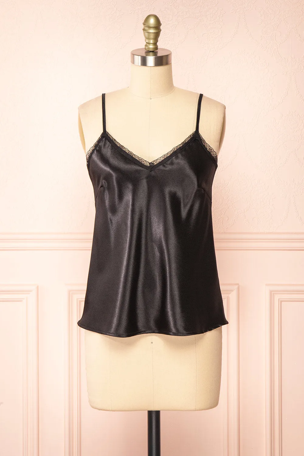 Azula Black | Satin Cami Top w/ Lace Trim sold by Boutique 1861