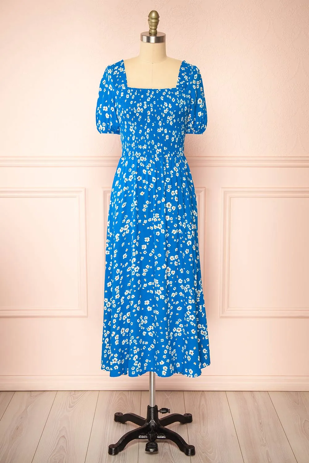 Kazuha | Blue Floral Midi Dress w/ Short Sleeves sold by Boutique 1861
