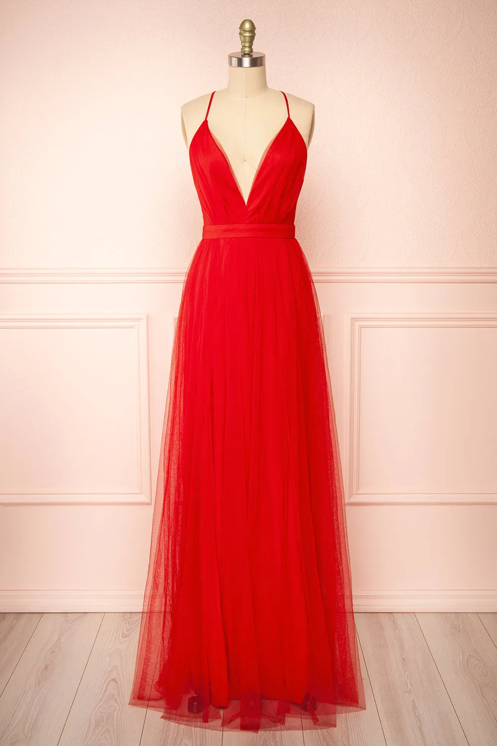 Ilaria Red | Tulle Gown w/ Plunging Neckline sold by Boutique 1861