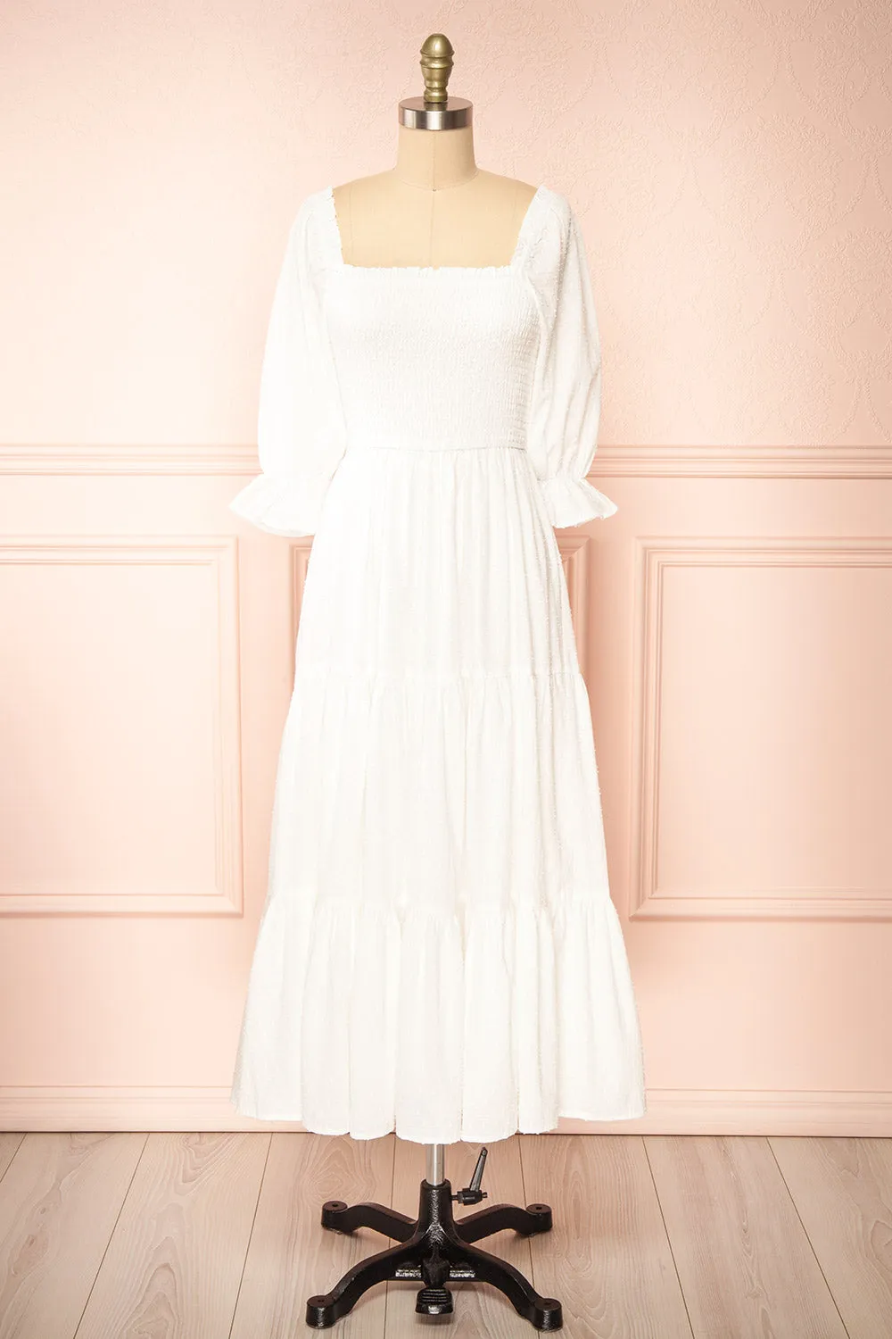 Galadriel | White Midi Dress w/ Ruched Bust sold by Boutique 1861