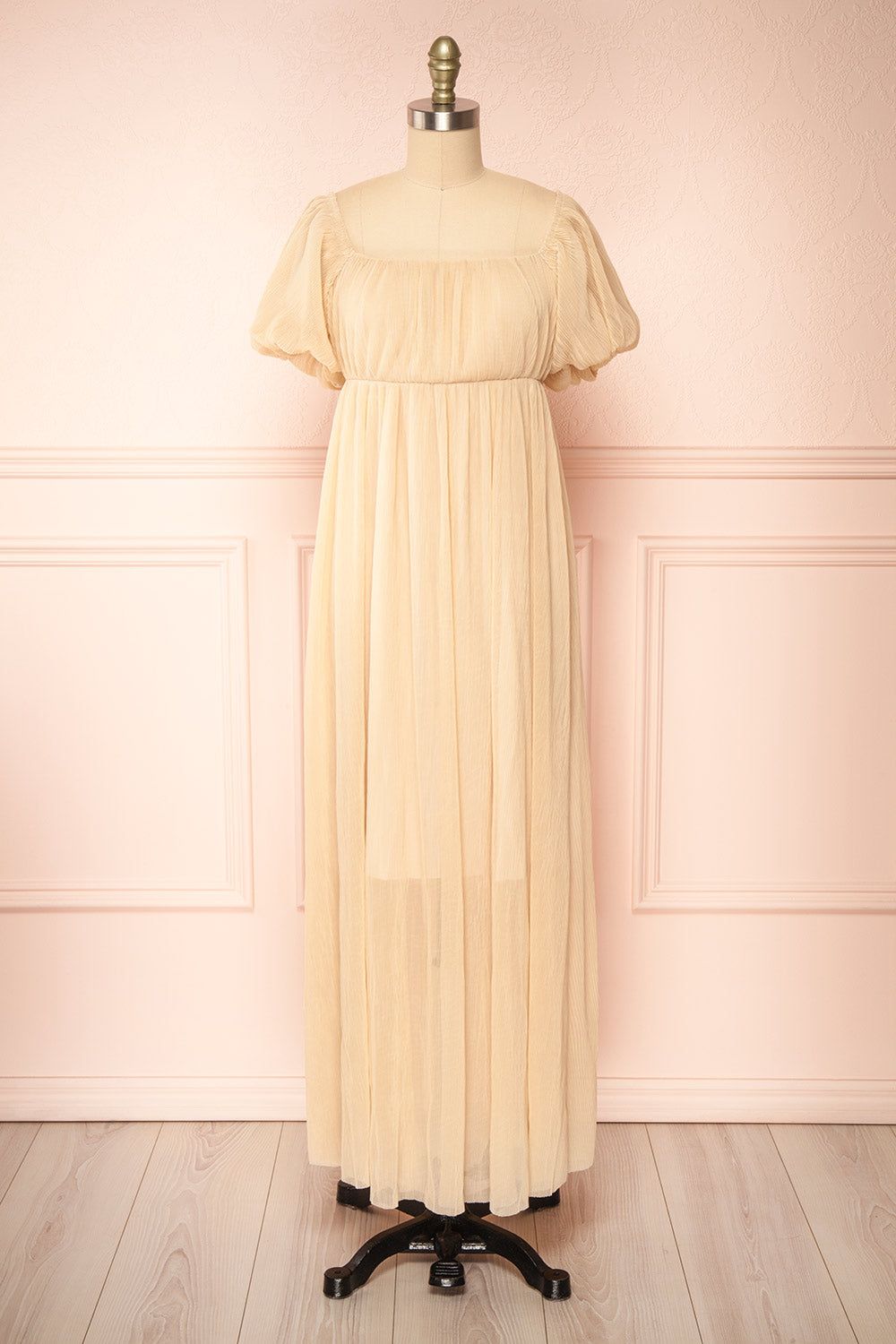 Araminta Beige | Pleated Beige Maxi Babydoll Dress sold by Boutique 1861