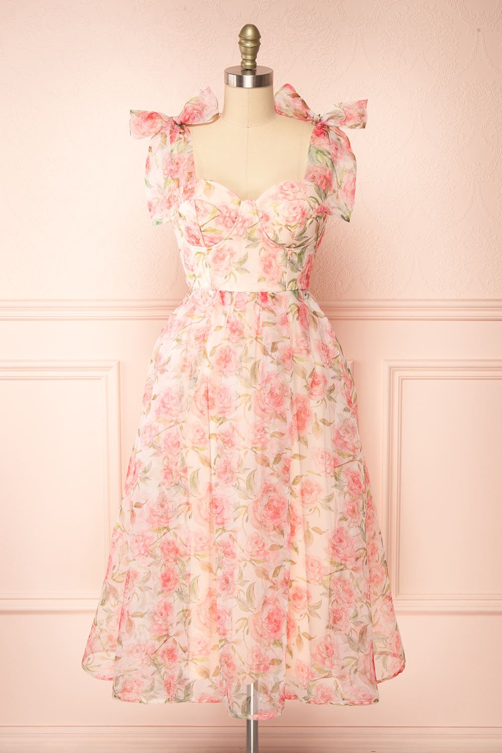 Marisole | Bustier Floral Midi Dress w/ Bow Straps sold by Boutique 1861