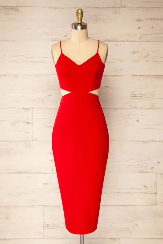 Komia Red | Fitted Midi Dress w/ Cut-Outs sold by Boutique 1861