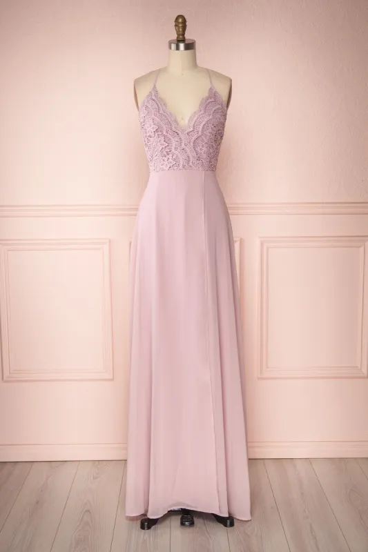 Fabia Lilac | Lilas Lace & Chiffon Dress sold by Boutique 1861