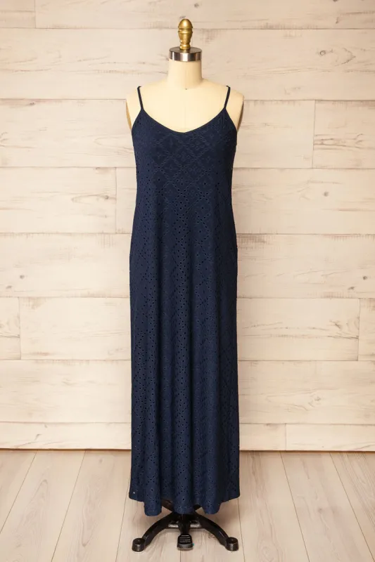 Miraflores Navy | Straight Cut Maxi Dress w/ Openwork sold by Boutique 1861