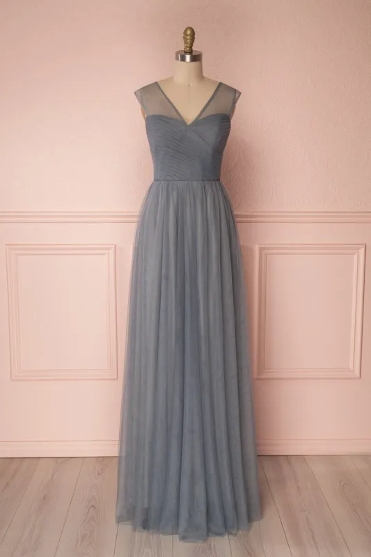 Adifa Sea | Blue-Grey Net Tulle Gown sold by Boutique 1861
