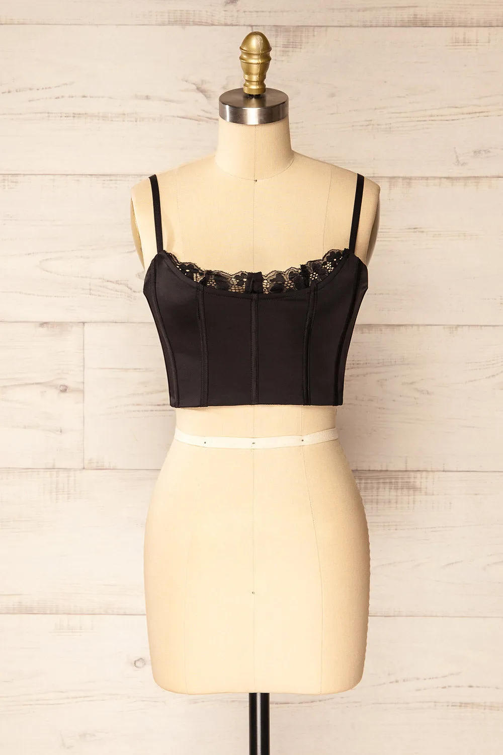 Bergen Black | Cropped Corset w/ Lace Trim sold by Boutique 1861