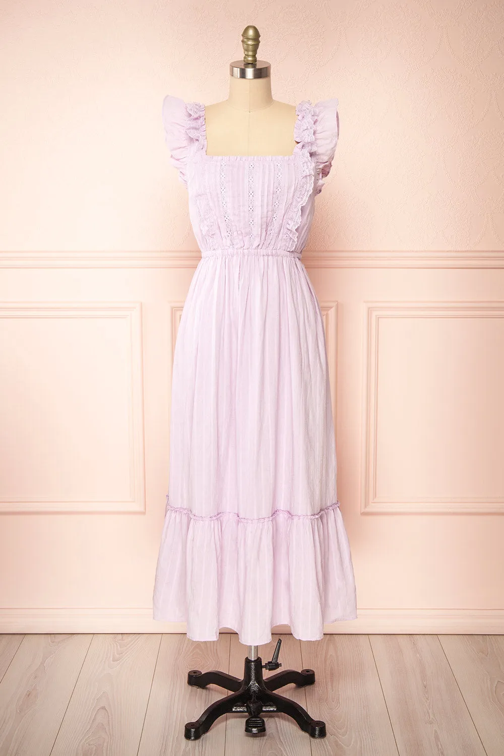 Leonora Lilac | Midi Dress w/ Ruffles & Lace sold by Boutique 1861