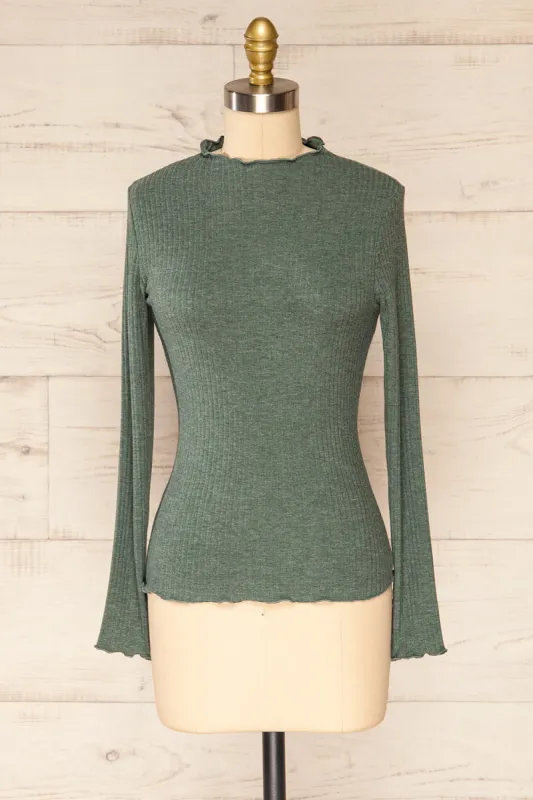 Faaset Green | Ribbed Top w/ Stand Collar sold by Boutique 1861